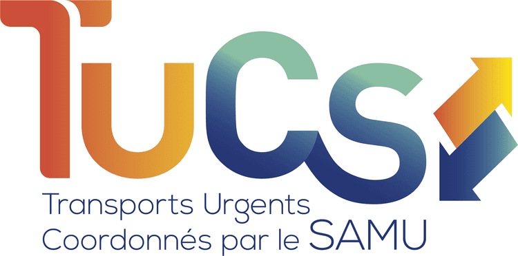 Ecriture de TCS avec deux flèches de couleur qui se croisent Transports urgents coordonnés par le SAMU