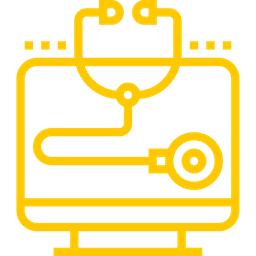 Pictogramme d'un stéthoscope situé devant un ordinateur pour illustrer le premier axe d'accompagnement du groupement e-santé occitanie.