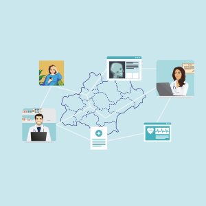 Une carte de l'Occitanie est représentée en tracé et 6 encadrés représentent des professionnels de santé en train de consulter des écrans ou des captures d'écrans dessinées avec une radio, un encéphalogramme ou un compte-rendu