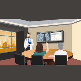 Un médecin en blouse blanche se tient debout devant un écran diffusant l'interface de l'outil TéléO avec deux images médicales (rédios) et des informations, devant deux autres personnes assises de dos