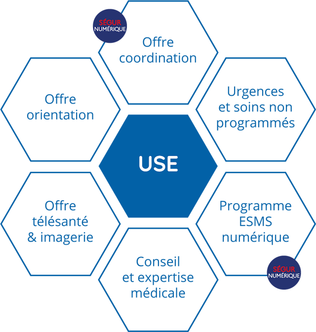 Illustration représentant sous forme d'alvéoles, le département USE du groupement e-santé occitanie.
