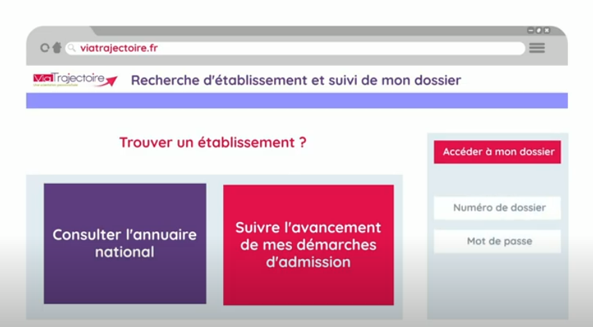 Une capture d'écran de ViaTrajectoire.fr indique une recherche d'établissement t de suivi de dossier pour des personnes en situation de handicap