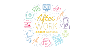 Le texte after-work e-santé Occitanie est écrit en jaune et entoueé de pictos colorés évoquant des services numériques et des professionnels de santé